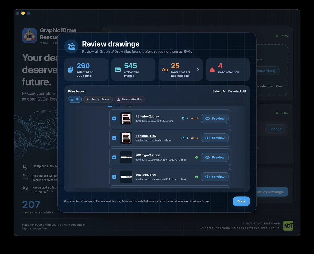 The review window listing every drawing found, with previews and missing fonts